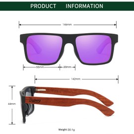 DUBERY Wood Frame Square Polarized Sunglasses for Men Women UV400 Protection Wooden Sun Glasses D833,Purple Mirrored