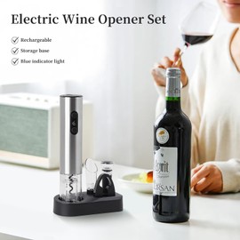ELMWAY Electric Wine Opener Set, Rechargeable Wine Bottle Opener with Base/Wine Aerator Pourer/Foil Cutter/Wine Stopper/LED Indicator, Wine Corkscrew Remover, Automatic Wine Opener Gift (Silver)