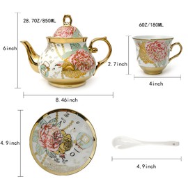 20 Pieces European Vintage Ceramic Tea Set with Metal Cup Holder, Adult Tea Set, Women's Afternoon Tea Set (golden rose, Large)