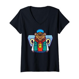 Womens Cute Cartoon Bear Character With Headphones For Kids V-Neck T-Shirt