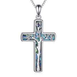SHEAISRS Tree of Life Cross Necklace 925 Sterling Silver Abalone Shell Religious Jewelry for Women Mother