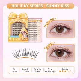 MLEN DIARY Lash Clusters 60PCS Natural Eyelash Clusters C Curl Wispy DIY Eyelash Extensions 11-13mm Soft & Light Eyelash Clusters Korean Manga Style (Sunny Kiss)