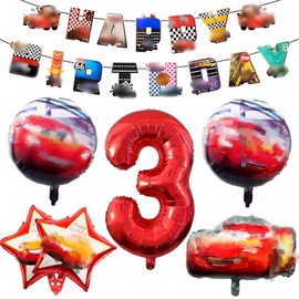 3 Years Car Birthday Decorations, 7 pcs Car Decoration Set Car Birthday Party Supplies Includes Banner, Foil Balloons for Kids Racing Car Theme Party