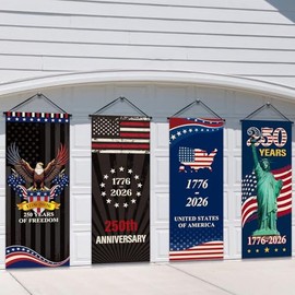 Tiamon 4 Pcs 250th Anniversary 4th of July Banner Patriotic American Flag Eagle 250 Years of Freedom 1776-2026 Porch Banner Hanging Decorations for Independence Day Wall Indoor Outdoor Decor