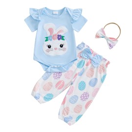 Karuedoo Newborn Baby Girl Easter Outfit Bunny Embroidery Ruffle Short Sleeve Romper Easter Eggs Long Pants Headband 3Pcs Set (Blue, 3-6 Months)
