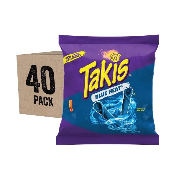 Takis Blue Heat Rolled Tortilla Chips, Hot Chili Pepper Artificially Flavored, Box of 40 Individual Bags, 1 Ounce Each, Net Weight 2 Pounds 8 Ounces (1.13 Kilograms)