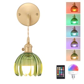 Shenmoyl Battery Operated Wall Sconce with Green Tulip Shade Pattern Glass Adjustable Chain Retro Gold Wall Mounted Light, Modern Wall Lamp Fixtures Decor for Bedside Bedroom Indoor Doorway
