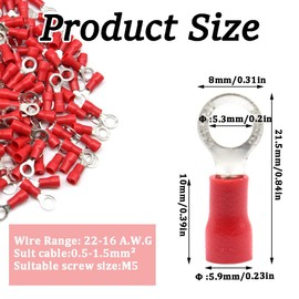 CEEYSEE 100Pcs 22-16 AWG M5 of Red Insulated Ring Terminal-Electrical Wire Connectors-Ring Crimp Terminals Connectors（PRH5)