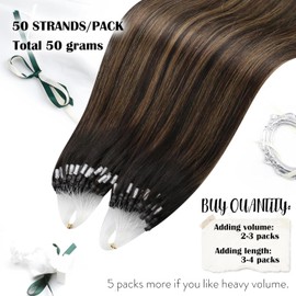Moresoo Micro Loop Hair Extensions Human Hair Ombre Brown Micro Link Hair Extensions Darkest Brown to Medium Brown with Darkest Brown Micro Hair Extensions 14 Inch 50g/50s