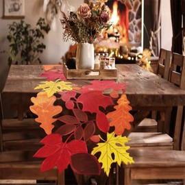 MULBESS Fall Thanksgiving Table Runner Harvest Cutwork Embroidered Maple Leaves Dresser Scarf Table Topper for Thanksgiving's Day Home Holiday Party Decoration Runner 14"x 36"