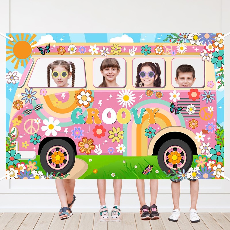 Lecheme Hippie Party Decorations Groovy Bus Banner 60s Daisy Backdrop