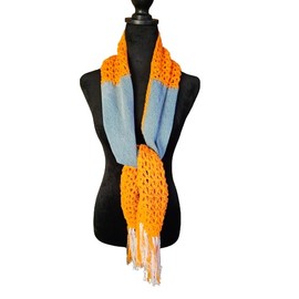 Upcycled Denim and Crocheted Scarf, Orange, White, Denim