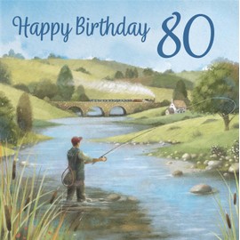 Hunts England - Fly Fishing Fun 80th Birthday Card - Milo's Gallery - Age 80 Sport Birthday Card - Birthday Card For 80 Year Old Fly Fishing Fan - Age Eighty