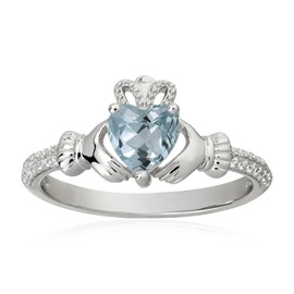 Heart Birthstone Claddagh Ring 925 Sterling Silver 6 MM Heart-Shaped Aquamarine Rings Irish Jewelry Good Luck for Women Size 9