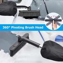 TivsiVer 360° Pivoting Head Detachable Ice Scraper for Car Windscreen with Cotton Gloves, 69cm Extendable Car Windshield Scraper with Comfortable Foam Handle Scratch Free for Cars, Trucks and SUVs