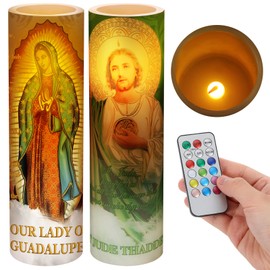 Landhoow 2 Pcs Religious Flameless LED Prayer Candle Real Wax Baptism Candle Set Our Lady of Guadalupe and St. Jude Battery Operated Candles with Remote Control