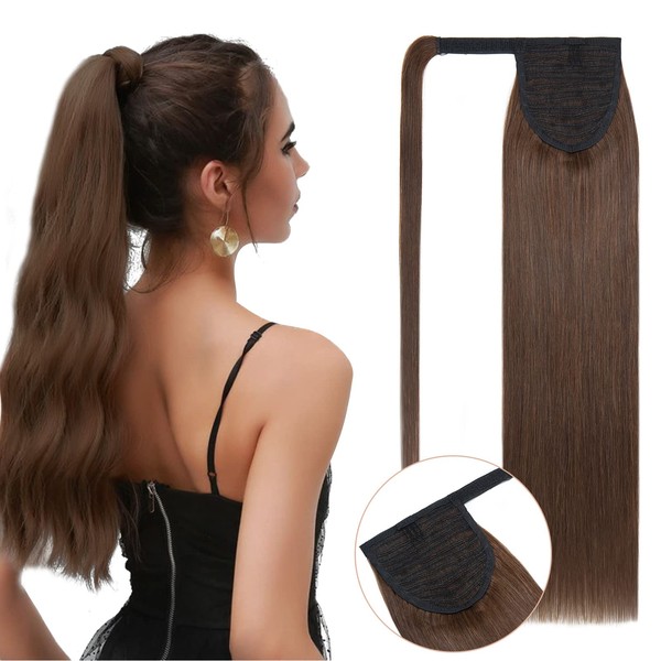 S-noilite Real Hair Extensions Made of Straight and Long Natural Hair - Ponytail with Unique Headband - Remy Human Hair Ponytail Extensions - #4 Brown Chocolate, 45 cm - 90 g