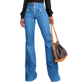 GOLDPKF Stretch Flare Jeans for Women High Waisted Bell Bottom Jean Tummy Control Button Fly Denim Pants Bootcut Leg Trouser Sky Blue XL