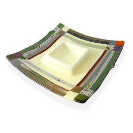 American Made Earth-Tone Fused Glass Chip and Dip Server, 11" Square