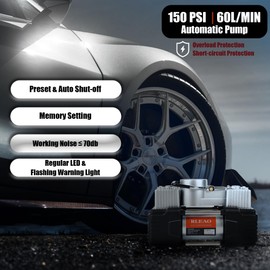 Rleao Automatic Tire Inflator Portable Air Compressor 12V 150 PSI Double Cylinders with Adapter and Emergency Light Heavy Duty Air Pump for Car Tires, SUV, Van, Pickup Trucks