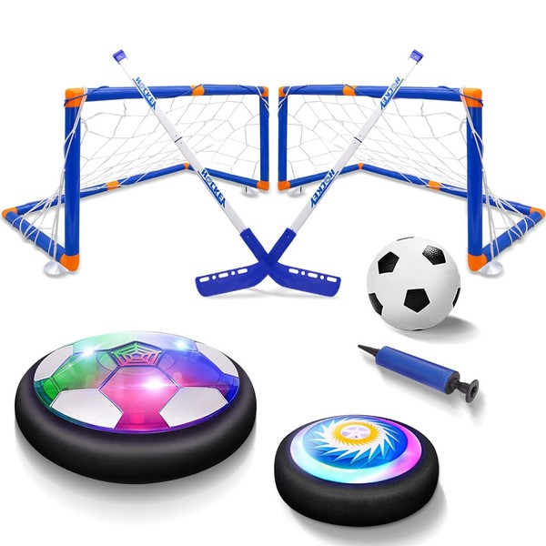 Hover Hockey Football Set – 7 in 1 Air Floating Ball Set – 7 Pcs Simulating Football Toys Includes 2 Goals, 2 Hockey Sticks, 1 Starry Light Hover Football, 1 Hockey, 1 Inflatable Soccer Ball