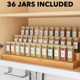 SpaceAid 36 Pcs Spice Jars with Bamboo Lids and Labels, Empty 4oz Glass Spice Bottles, Minimalist Farmhouse Spice Labels Stickers with Funnel, Seasoning Containers for Spice Rack, Cabinet and Drawer