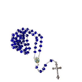 Gifts by Lulee, LLC Nuestra Señora de San Juan de Los Lagos Blue Quartz Crystal Faceted Rondelle 8mm Beads Rosary with Silver Plated Medal Centerpiece and Crucifix Includes a Prayer Card