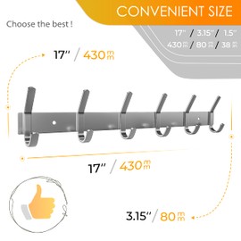 SAYONEYES Coat Rack Wall Mount – Brushed Nickel 17 Inch Stainless Steel Hook Rail with 6 Heavy Duty Double Coat Hooks – Wall Mounted Coat Hanger for Entryway, Bathroom, Bedroom, Towel, Hat Organizer