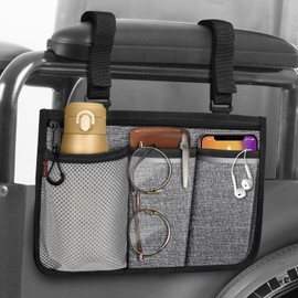 FINPAC Wheelchair Bag for Armrest - Wheelchair Bag with Reflective Stripes Wheelchair Bag with Name Card Compartment for Walkers, Mobility Scooters, Rollators (Grey)