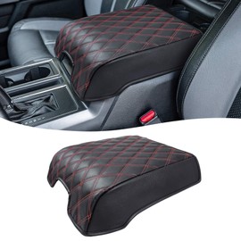 KBH Auto Center Console Armrest Cover for 2015-2020 Ford F150, 2017-2022 F250 F350 F450 F550, 2018-2024 Expedition, Bucket Seat Only, Anti-Scratch, Black-Red Stitch (Not for Other Years)