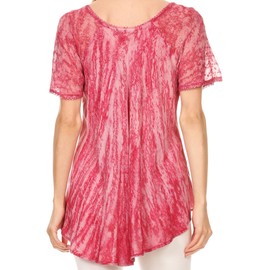 Sakkas 787New - Zoya Marbled Embroidery Cap Sleeves Blouse/Top - Fuchsia - OSP