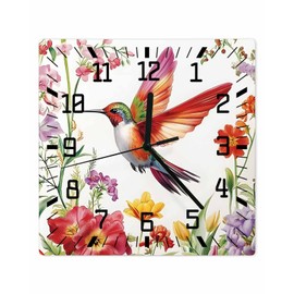 wanqinghui 10 Inch Wall Clocks Battery Operated, Colorful Hummingbird Spring Wildflowers Pastoral Square Non-Ticking Wall Clock Decorative PVC Wall Clock for Bedroom Kitchen Living Room Office