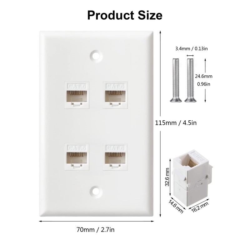 Ethernet Wall Plate, 4 Port Cat6 RJ45 Keystone Inline Coupler