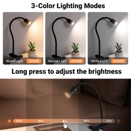 EXTRASTAR LED Desk Lamp, Eye-Caring Clip on Lamp with 3 Color Modes and Ajustable Brightness, USB Charging Port, 3.5W 300LM, for Bedroom, Office, White
