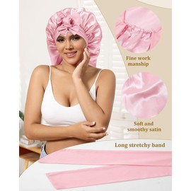 AWAYTR Long Hair Bonnet for Sleeping - Mask and Hair Scunchies Set Stain Womens Bonnet with Elastic Tie Band(Pink)