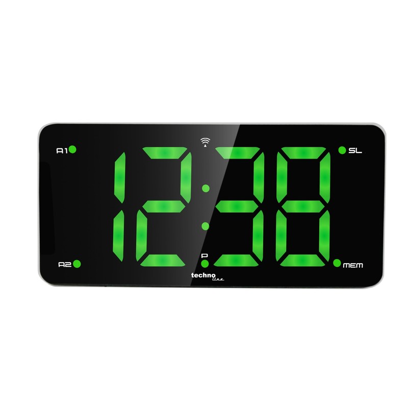 Technoline WT486 Radio-Controlled Alarm Clock with Large Display, LED Green,