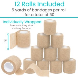 Vive Care Self Adhesive Bandage Wrap (12 Rolls) Cohesive Extra Sticking Stretch Wound Wraps - Elastic Athletic Tape for First Aid, Injuries & Sports, Arm, Leg, Ankle, Wrist, Fingers, 2" x 5yd Roll