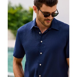 Kallspin Men's 100% Linen Button Down Shirts Casual Short Sleeve Tops Collared Summer Beach Shirts (Navy Blue, L)