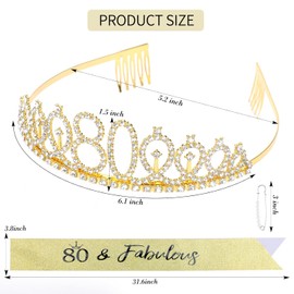 KIUEZIR 80th Birthday Tiara & Sash Set - Gold Rhinestone Headband with Comb with "80 & Fabulous" Glitter Sash, Milestone Birthday Party Accessories for Women (Grandma/Mother/Friend Celebration)