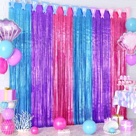 Biapian Mermaid Party Decorations, 2 Packs Pink Purple Blue Metallic Tinsel Foil Fringe Curtains for Little Mermaid Birthday Decorations, Under The Sea Party Photo Booth Prop Backdrop (3.3ft X 6.6ft)