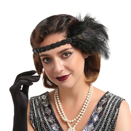 Panchitalk 1920s Flapper Feather Headband, Vintage Roaring 20s Showgirl Gatsby Headpiece Hair Accessories for Women(Black)