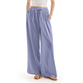 SUUKSESS Women Wide Leg Flowy Linen Pant with Pockets High Waisted Casual Lounge Palazzo Pant (Striped Blue, L)
