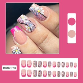 Flower Press on Nails French Tip Fake Nails Full Cover Square False Nails with Daisy Flowers Glitters Designs Glossy Pink Nail Tips Acrylic Nails Medium Length Glue on Nails for Women and Girls