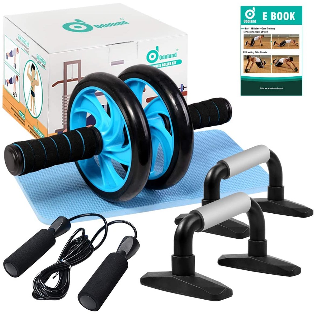 Odoland 4-in-1 AB Wheel Roller Kit AB Roller Pro with Push-Up Bar, Jump Rope and Knee Pad - Perfect Abdominal Core Carver Fitness Workout for Abs - Home Gym Workout