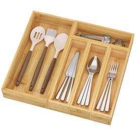 BAMEOS Utensil Drawer Organizer, 5 Slots Silverware Organizers for Kitchen Drawers, Bamboo Flatware Organizer for Knives Cutlery Spoons Forks (Natural)