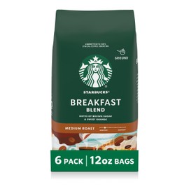 Starbucks Ground Coffee, Medium Roast Hot or Iced Coffee, Breakfast Blend, Six 12 oz Bags​
