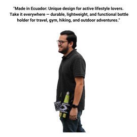 T1-NE Fabric Water Bottle Carrier – Includes Coin Pouch + 3D & Waterproof Sticker Packs, Adjustable Strap – Kit for Travel, Gym, Beach, Hiking, Walking, Biking & Daily Adventures (Black)