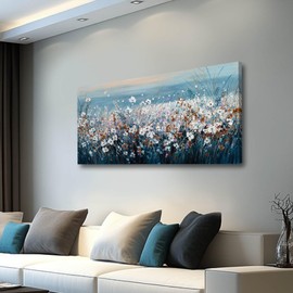 GAIDUOMAI Wildflowers Canvas Wall Art for Bedroom Blue Lake Wall Hanging Artwork Nature Colorful Wall Paintings for Living Room Dining Room 24"x48"