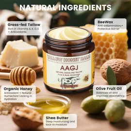 AAGJ Beef Tallow for Skin, 100% Organic Grass-Fed Beef Tallow Balm with Raw Honey - Moisturizing Cream for Face & Body, All Natural Moisturizer Skin Care for Soft, 4.2 Oz