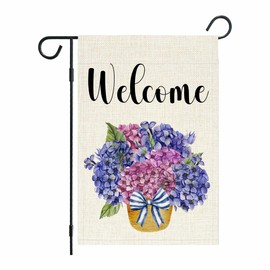 Welcome Spring Summer Hydrangea Garden Flag 12 x 18 Inch Double Sided, Burlap Floral Flower Welcome Yard Outdoor Flag